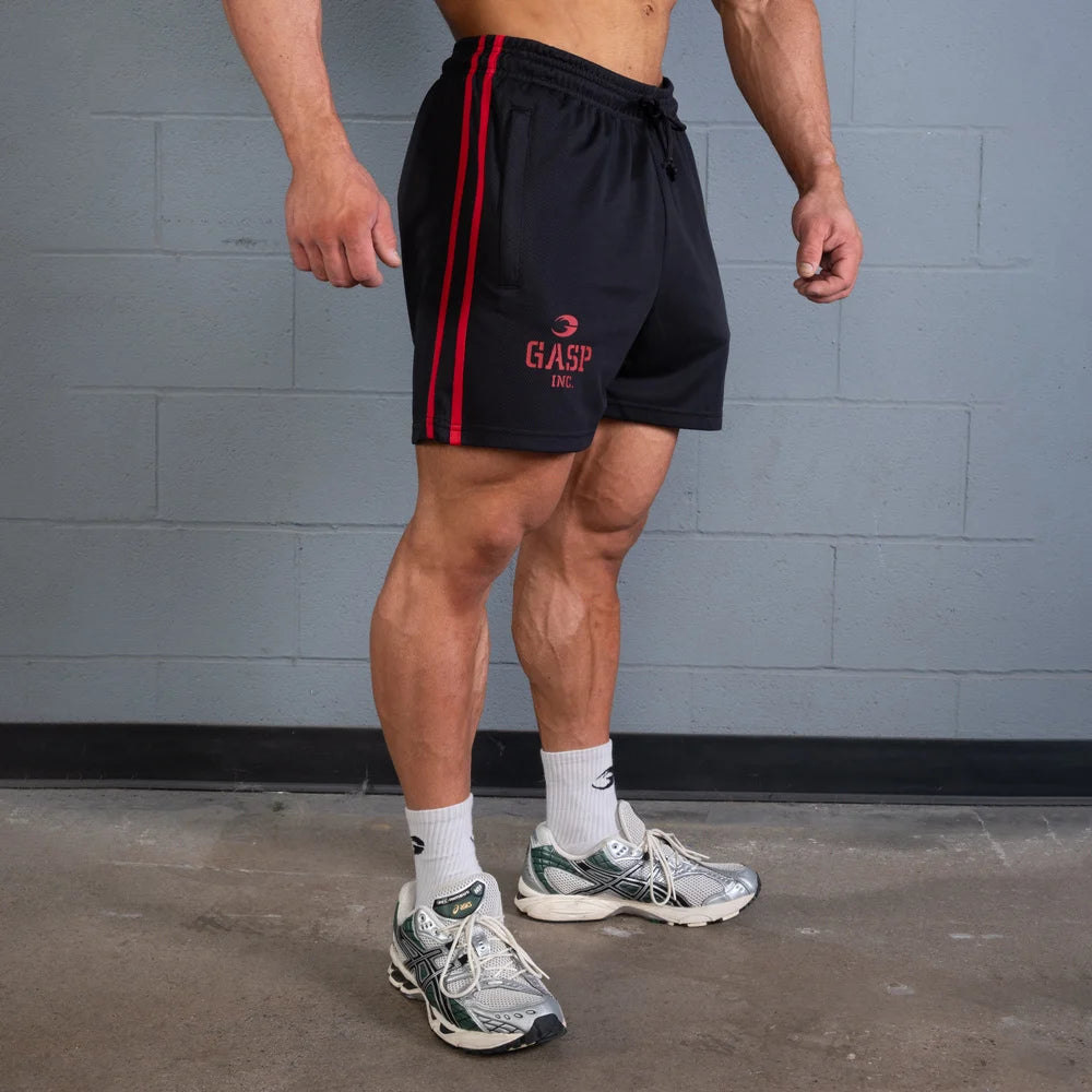 2 Stripe Standard Mesh Shorts 4", Black/Red