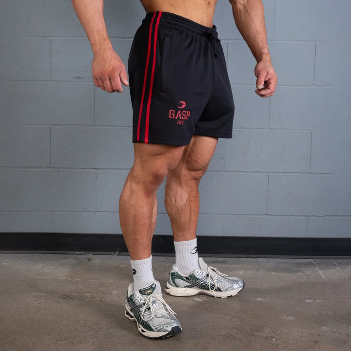 2 Stripe Standard Mesh Shorts 4", Black/Red