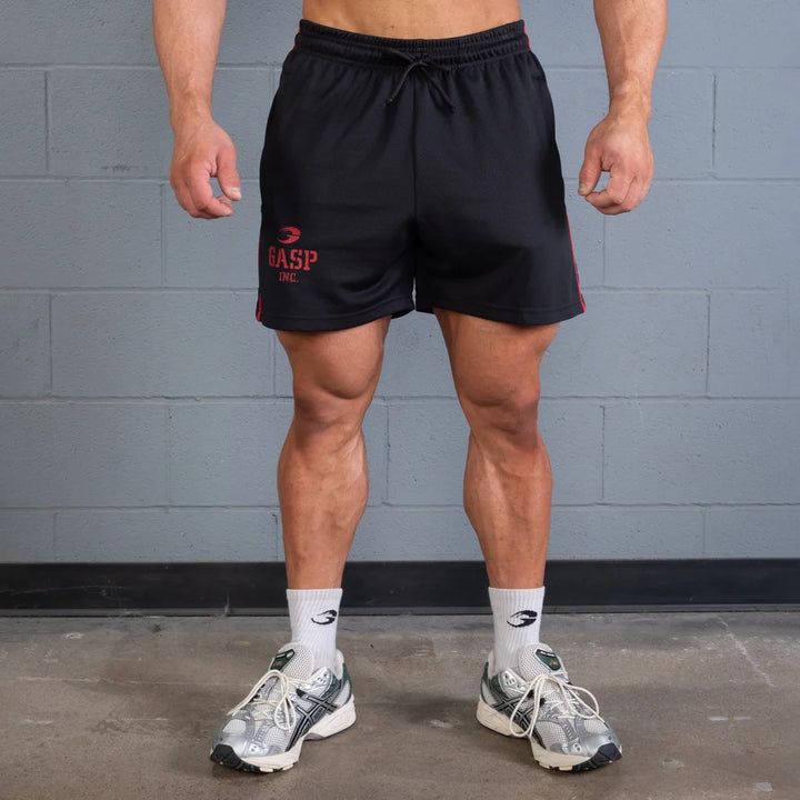 2 Stripe Standard Mesh Shorts 4", Black/Red