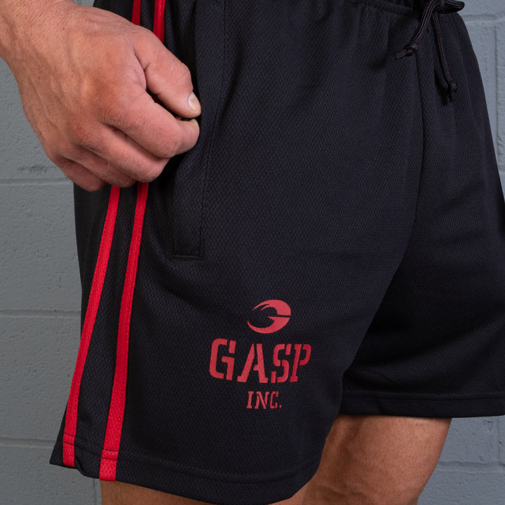 2 Stripe Standard Mesh Shorts 4", Black/Red