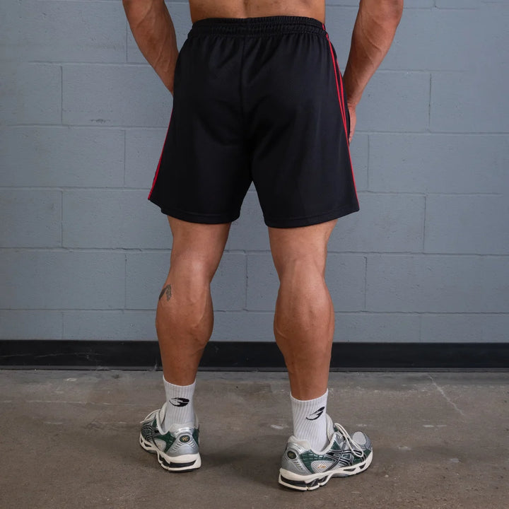 2 Stripe Standard Mesh Shorts 4", Black/Red