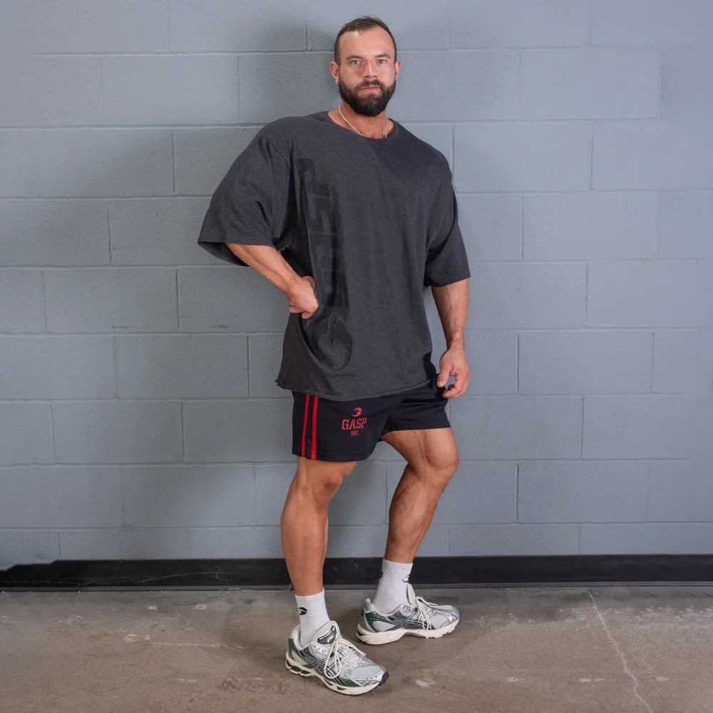 2 Stripe Standard Mesh Shorts 4", Black/Red