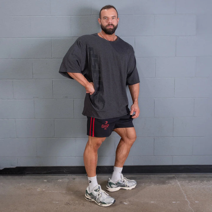 2 Stripe Standard Mesh Shorts 4", Black/Red